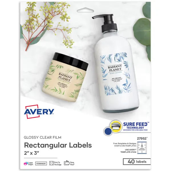 Avery&reg; Glossy Clear Labels, 2" x 3", Sure Feed&trade; Technology, Print-to-the-Edge, Easy Peel&reg;, Laser/Inkjet, Permanent, 40 Blank Rectangle Labels Total (27952)