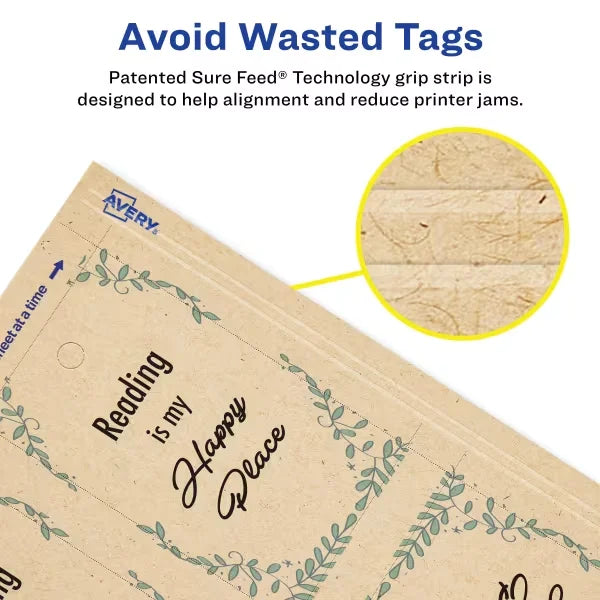 Avery&reg;  Kraft Brown Rectangle Tags with Sure Feed&reg;  Technology, 2" x 3.5", Laser/Inkjet, 64 Tags with Strings (80517)