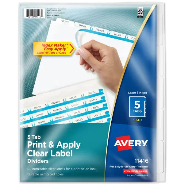 Avery&reg; Print & Apply Clear Label Dividers, Index Maker&reg; Easy Apply&trade; Printable Label Strip, 5 White Tabs (11416)