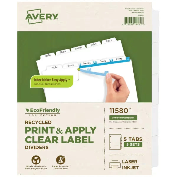 Avery&reg; EcoFriendly Recycled Dividers, 5-Tab, White, Index Maker&reg; Print and Apply Clear Label Strip, 5 Sets (11580)