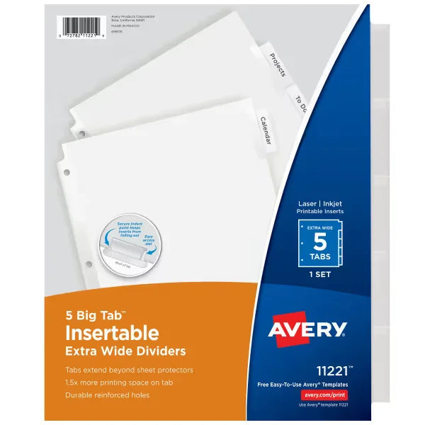 Avery&reg; Extra-Wide Big Tab&trade; Insertable Tab Dividers, 5-Tab, Clear Tabs, Works With Sheet Protectors (11221)