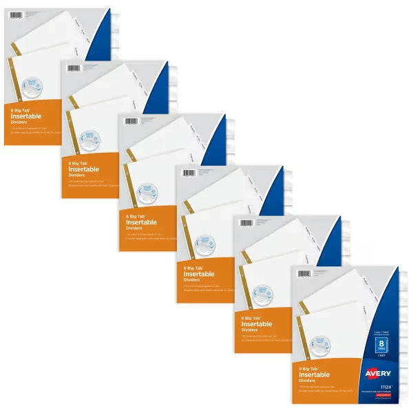 Avery&reg; Big Tab&trade; Insertable Dividers for 3 Ring Binders, 8-Tab Sets, White Paper, Clear Tabs, 6 Binder Divider Sets (41124)