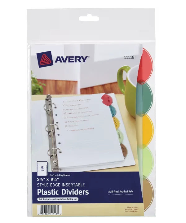 Avery&reg; Insertable Style Edge Plastic Mini Dividers, 5-1/2" x 8-1/2", 5-Tab Set, Multicolor, 1 Set (11118)