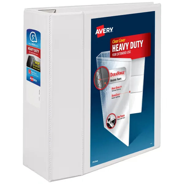 Avery&reg; Heavy-Duty View Binder, 5" One Touch EZD&reg; Rings, 1,050-Sheet Capacity, 2.3"/4.8" Spine, White (79106)