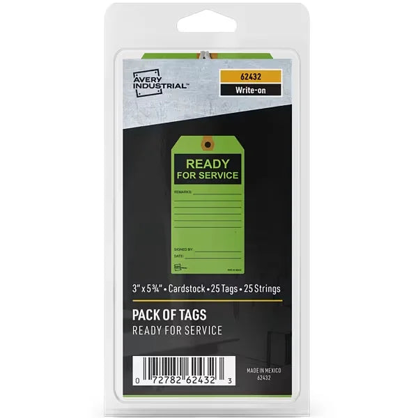 Repair Tags, Preprinted Green Ready for Service Hang Tags, Pre-Strung Card Stock, 25ct, 3" x 5-3/4" (62432) BS11