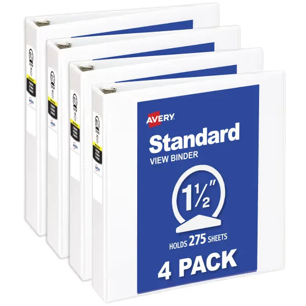 Avery&reg; Standard View Binders, 1-1/2" Round Rings, 275-Sheet Capacity, 2.1-Inch Wide Spine, 4 White Binders (19201)