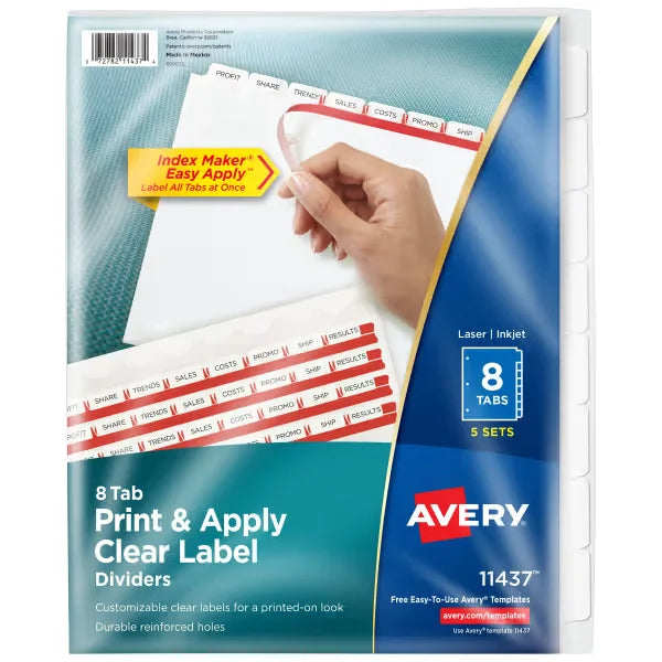 Avery&reg; Print & Apply Clear Label Dividers, Index Maker&reg; Easy Apply&trade; Printable Label Strip, 8 White Tabs, 5 Sets (11437)