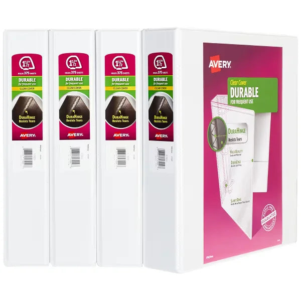 Avery&reg; Durable View Binder, 1-1/2" Slant Rings, 375-Sheet Capacity, DuraHinge&trade;, 4 Binders, White (17576)