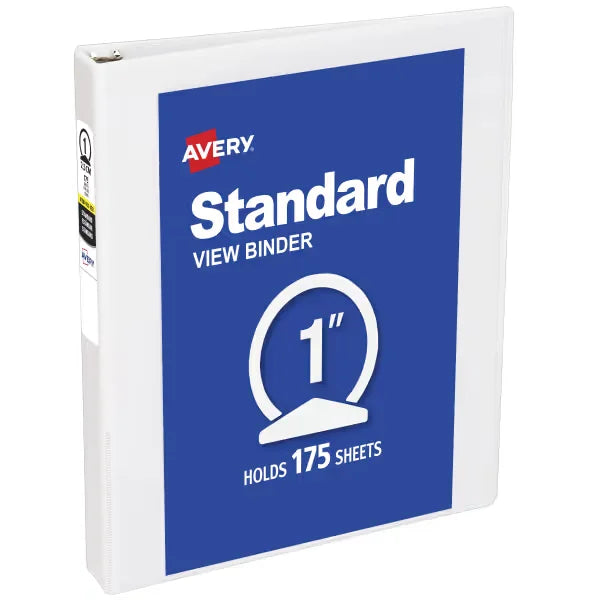 Avery&reg; Standard View Binder, 1" Round Rings, 175-Sheet Capacity, 1.4-Inch Wide Spine, White Binder (05711)