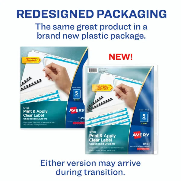 Avery&reg; Print & Apply Clear Label Unpunched Dividers, Index Maker&reg; Easy Apply&trade; Printable Label Strip, 5 White Tabs, 5 Sets (11431)