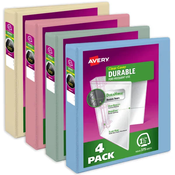 Avery&reg; Durable View 3 Ring Binders, 1-1/2 Inch Slant Rings, 375-Sheet Capacity, Assorted Pastel Colors (4-Pack of 05634)