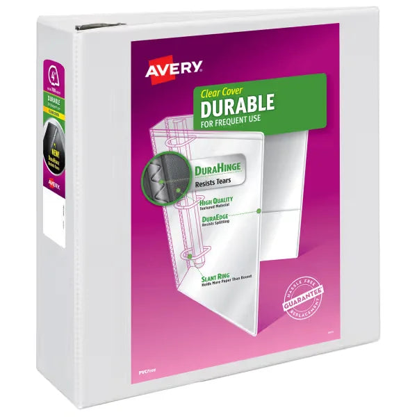 Avery&reg; Durable View Binder, 4" EZD Rings, 780-Sheet Capacity, DuraHinge&trade;, White (09801)