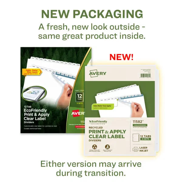 Avery&reg; EcoFriendly Recycled Dividers, 12-Tab, White, Index Maker&reg; Print and Apply Clear Label Strip, 5 Sets (11582)