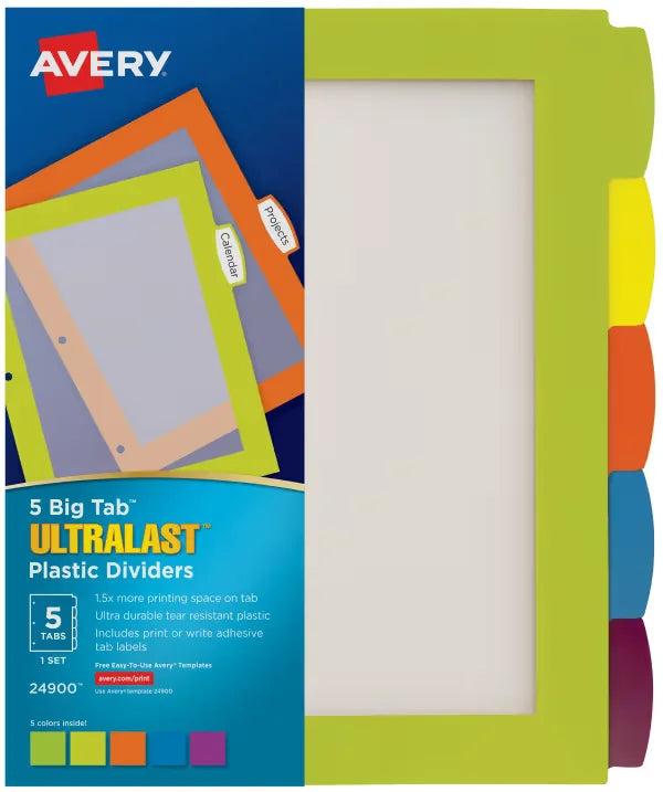 Avery&reg; Ultralast&trade; Big Tab&trade; Plastic Dividers, 5-Tab Set, Multicolor (24900)
