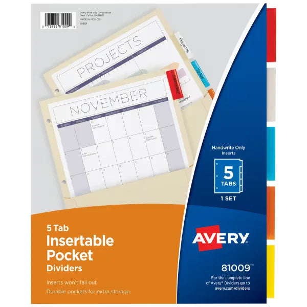 Avery&reg; Insertable Tab Dividers with Pockets, 5-Tab, Manila Paper, Multicolor Tabs, Works With Sheet Protectors (81009)