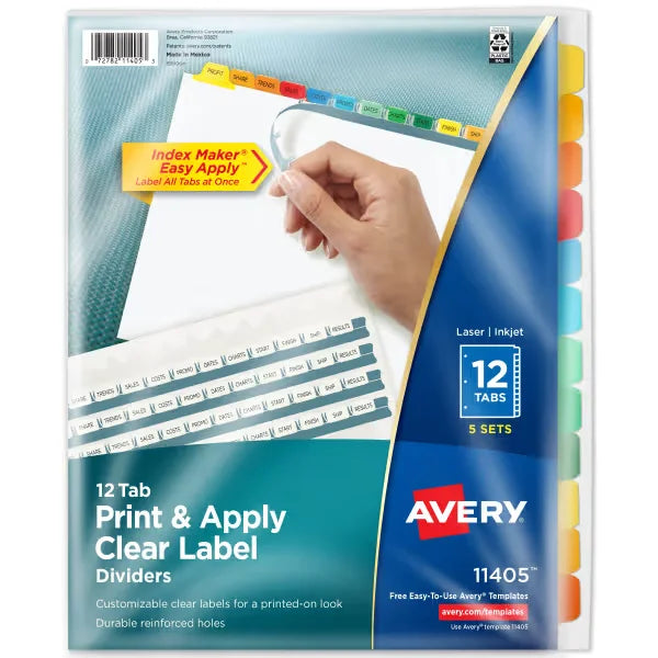 Avery&reg; Print & Apply Clear Label Dividers, Index Maker&reg; Easy Apply&trade; Printable Label Strip, 12 Multicolor Tabs, 5 Sets (11405)