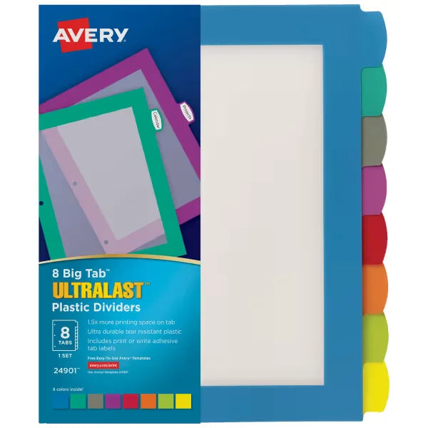 Avery&reg; Ultralast&trade; Big Tab&trade; Plastic Dividers, 8-Tab Set, Multicolor (24901)