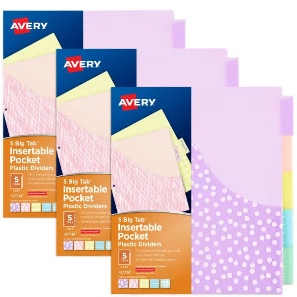 Avery&reg; Big Tab&trade; Plastic Dividers with Pockets, 5-Tab, Pastel Designs, Works With Sheet Protectors, 3 Sets (11255)