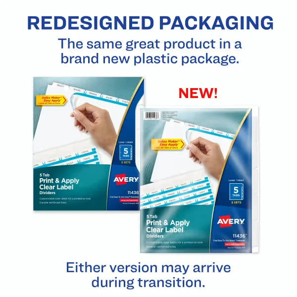 Avery&reg; Print & Apply Clear Label Dividers, Index Maker&reg; Easy Apply&trade; Printable Label Strip, 5 White Tabs, 5 Sets (11436)