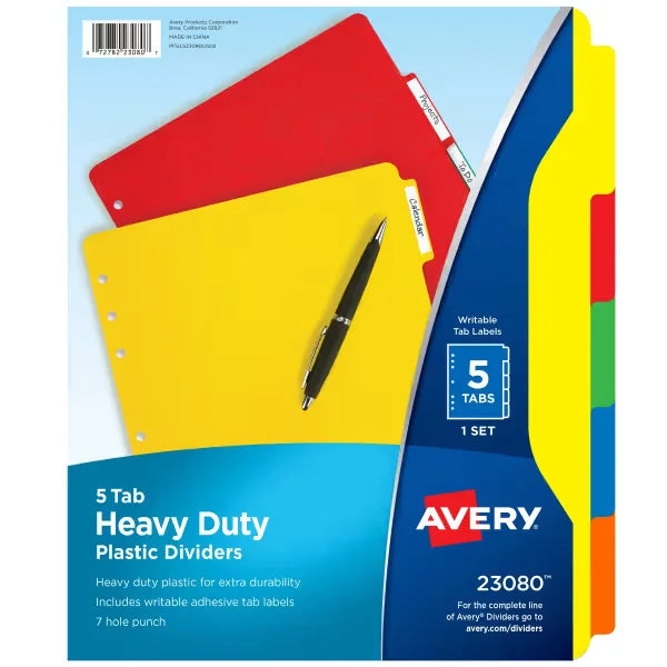 Avery&reg; Heavy-Duty Plastic Dividers, 5-Tab Set (23080)