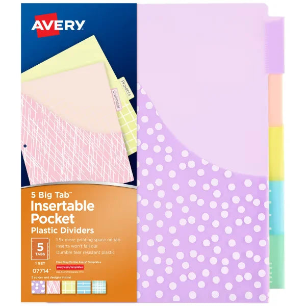 Avery&reg; Big Tab&trade; Plastic Dividers with Pockets, 5-Tab, Pastel Classic Designs, Works With Sheet Protectors (07714)