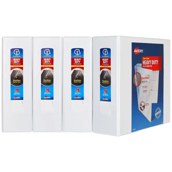 Heavy-Duty View 3 Ring Binders, 3" One Touch Slant Rings, 635-Sheet Capacity, White, 4 Pack (79745)