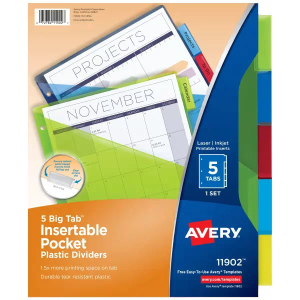 Avery&reg; Big Tab&trade; Dividers, 5-Tab, Plastic Binder Dividers with Pockets, Multicolor, Works With Sheet Protectors (11902)