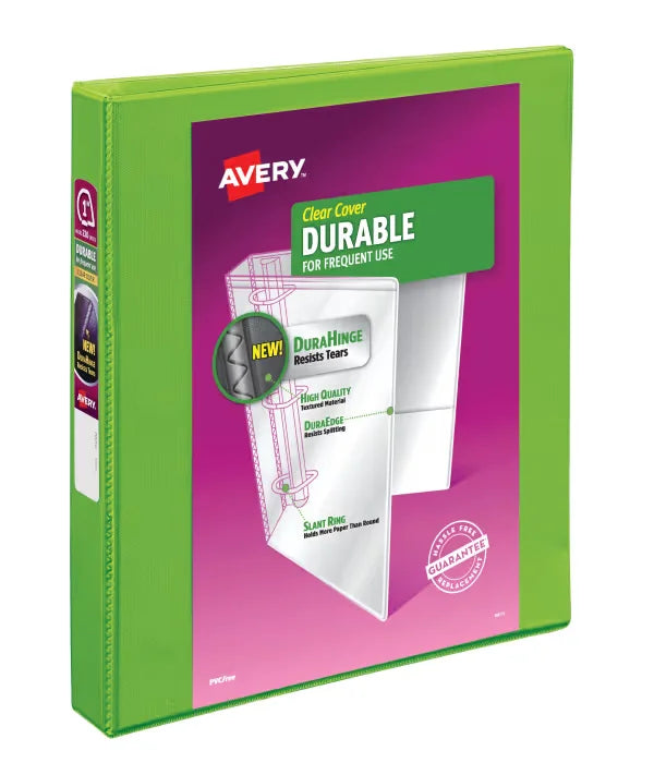 Avery&reg; Durable View Binder, 1" Slant Rings, 250-Sheet Capacity, 1.4 Inch Wide Spine, Green (17832)