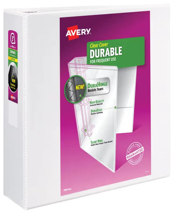 Avery&reg; Durable View Binder, 3" Slant Rings, 600-Sheet Capacity, DuraHinge&trade;, White (17042)