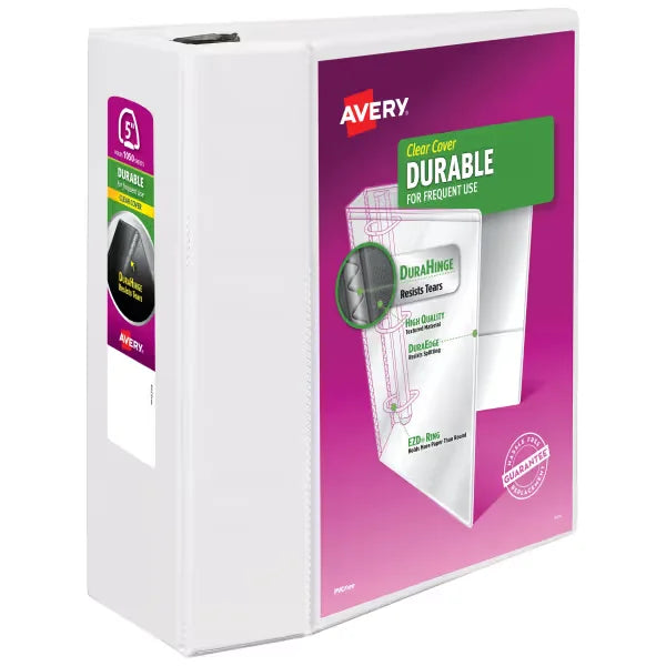Avery&reg; Durable View Binder, 5" EZD Rings, 1,050-Sheet Capacity, DuraHinge&trade;, White (09901)