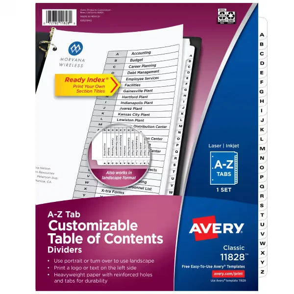 Avery&reg; Ready Index&reg; A-Z Tab Binder Dividers, Customizable Table of Contents, Classic White Tabs, 1 Set (11828)