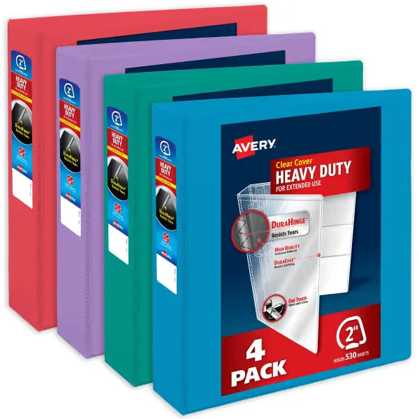 Avery&reg; Heavy-Duty View Binders, 2" One Touch Slant Rings, 530-Sheet Capacity, 2.8" Spine, Assorted Bright Colors (4-Pack of 79636)