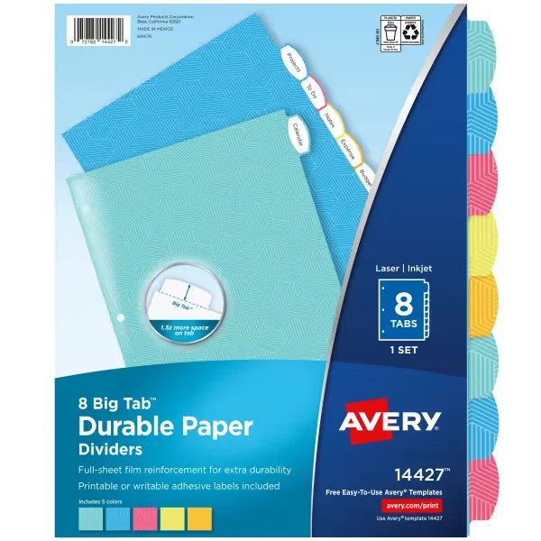 Avery&reg; Big Tab&trade; Durable Paper Dividers, 8-Tab Set, Assorted Bright Colors, Easy Peel&reg; Labels (14427)