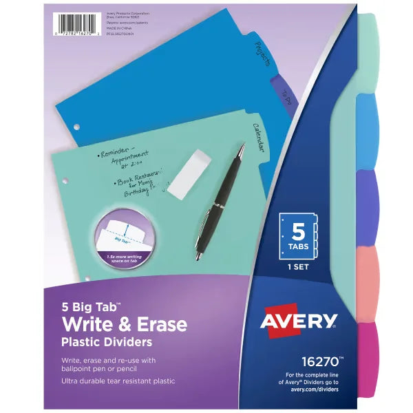 Avery&reg; Big Tab&trade; Write & Erase Durable Plastic Dividers, 5-Tab Set, Pastel Brights (16270)