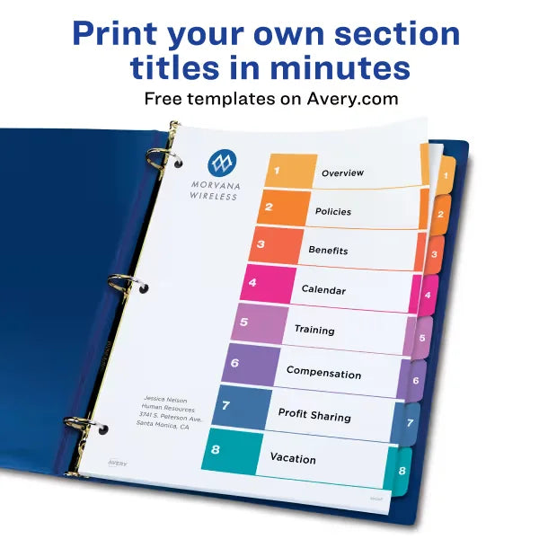 Avery&reg; Ready Index&reg; Dividers, 8 Tab Sets, Customizable Table of Contents, Multicolor Tabs (11133)