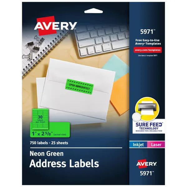 Avery Address Labels with Sure Feed, 1" x 2-5/8", Neon Green, Laser & Inkjet Compatible, 750 Labels Total (5971)