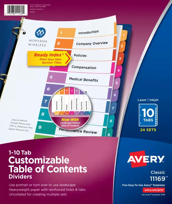 Avery&reg; Ready Index&reg; 10 Tab Binder Dividers, Customizable Table of Contents, Multicolor Tabs, 24 Sets (11169)