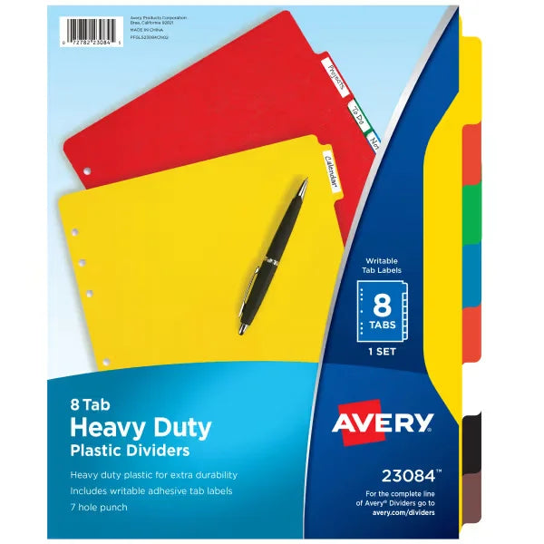 Avery&reg; Heavy-Duty Plastic Dividers, 8-Tab Set, Multicolor (23084)