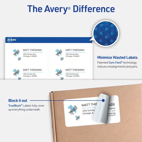 Avery&reg; TrueBlock&reg; Shipping Labels with Sure Feed&reg;, 2" x 4", White, 1,000 Blank Mailing Labels (8463)