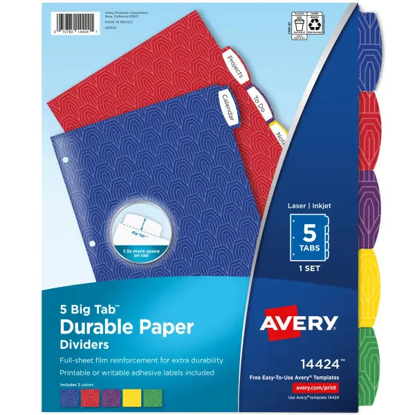 Avery&reg; Big Tab&trade; Durable Paper Dividers, 5-Tab Set, Assorted Primary Colors, Easy Peel&reg; Labels (14424)