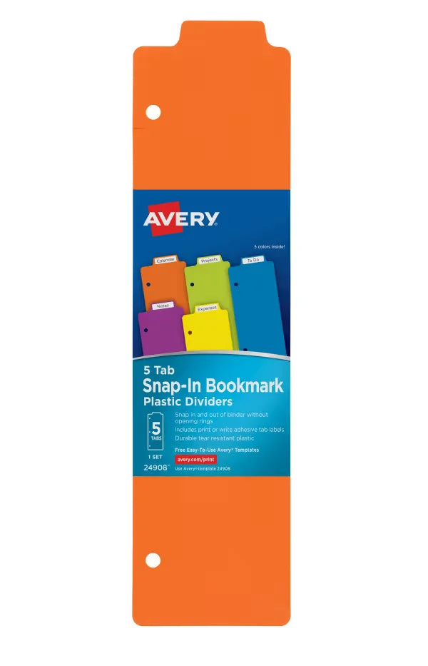 Avery&reg; Snap-In Plastic Bookmark Dividers, 5-Tab Set, Multicolor (24908)