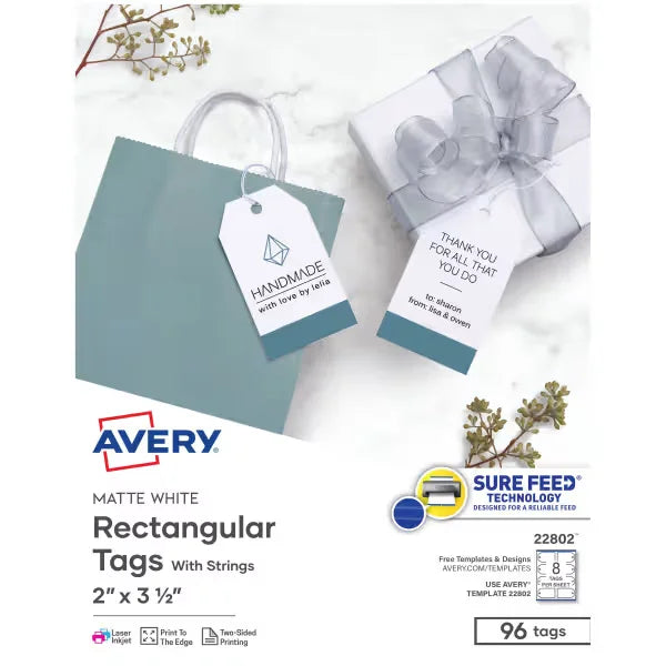 Avery&reg; Rectangular Tags with Sure Feed&reg;, 2" x 3-1/2", White, 96 Printable Tags with String (22802)