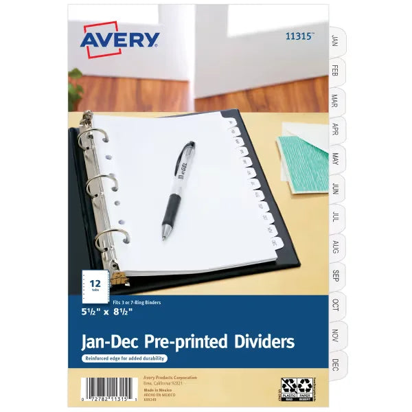 Avery&reg; Jan-Dec Mini Dividers, 12 Tabs per Set, 8.5" x 5.5", Pre-printed Tabs, 1 Binder Divider Set (11315)
