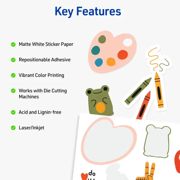 Avery Sticker Paper, 8-1/2" x 11", Matte White, Repositionable, Laser/Inkjet Compatible, 5 Full-Size Sheets (53202)