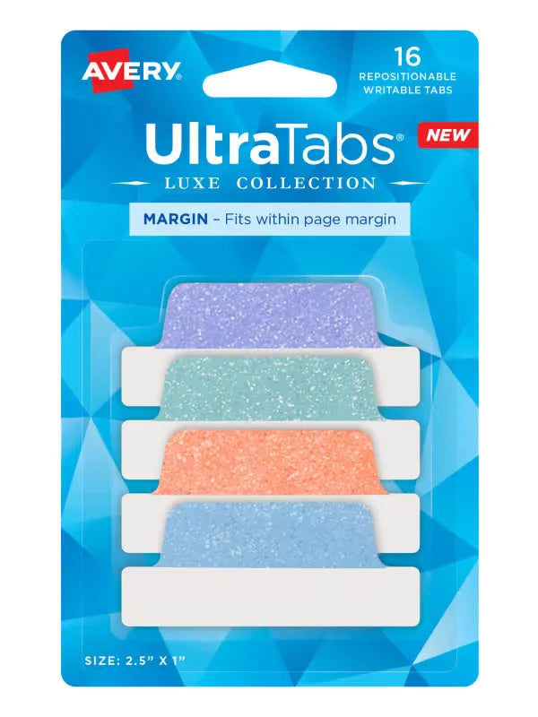Avery&reg; Ultra Tabs&reg; Luxe Collection Margin Tabs, 2-1/2" x 1", Pastel Shimmer Designs, 16 Tabs (74150)