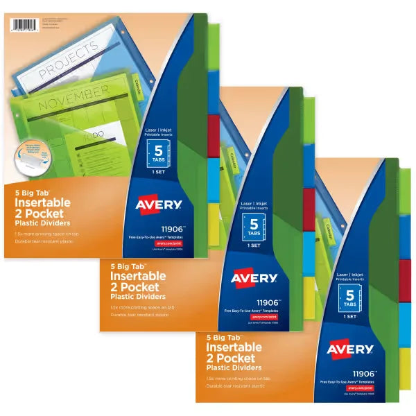 Big Tab&trade; Plastic Insertable Dividers with Double Pocket, Multicolor, 5Tab, 3 Sets (71906)