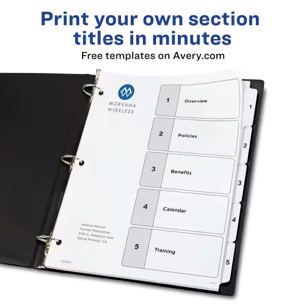 Avery&reg; Ready Index&reg; Dividers for 3 Ring Binders, 5 Tab Set, Customizable Table of Contents, White Tabs (11130)