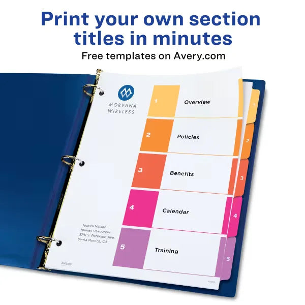 Avery&reg; Ready Index&reg; Dividers, 5 Tab Sets, Customizable Table of Contents, Multicolor Tabs (11131)