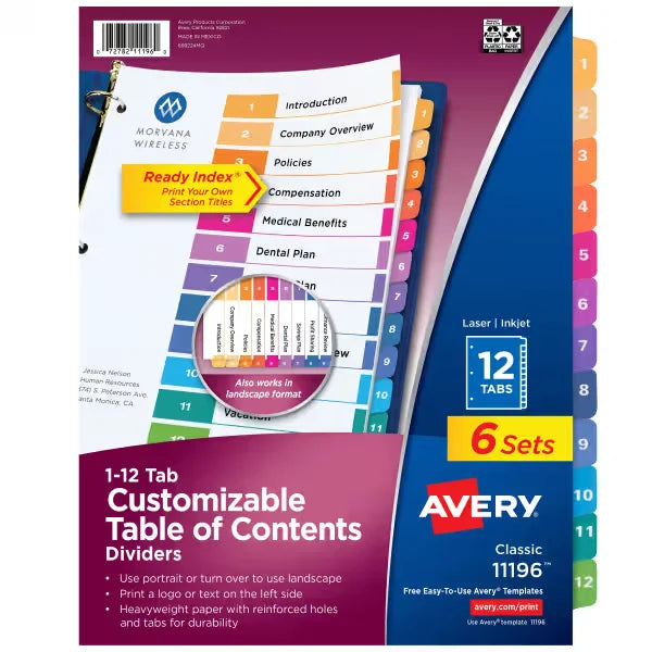 Avery&reg; Ready Index&reg; 12 Tab Binder Dividers, Customizable Table of Contents, Multicolor Tabs, 6 Sets (11196)