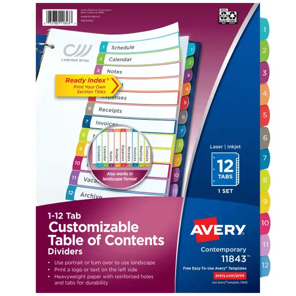 Avery&reg; Ready Index&reg; Dividers, 12 Tab Sets, Customizable Table of Contents, Multicolor Arched Tabs (11843)